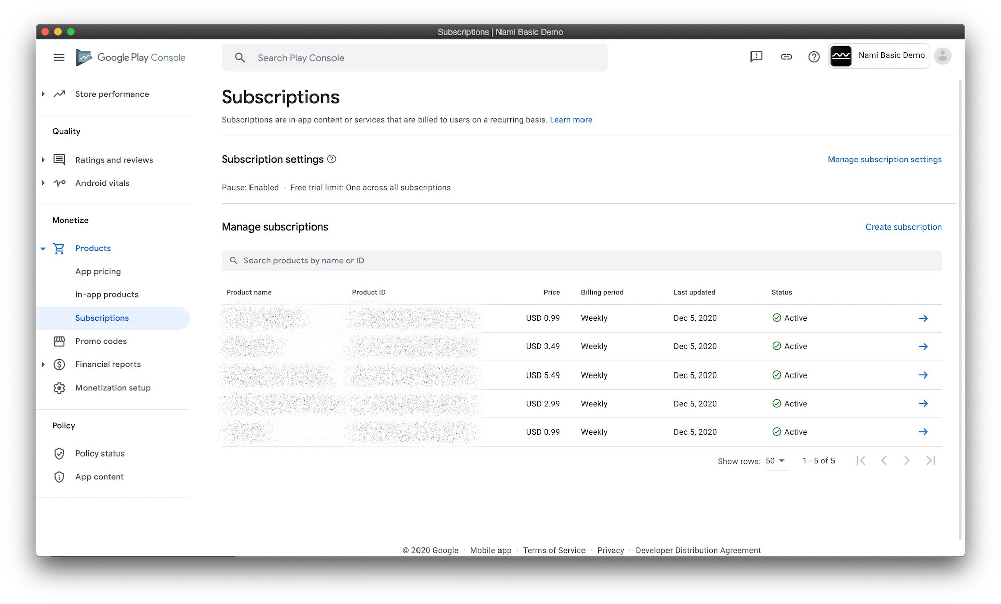 Google Play console manage subscriptions screenshot