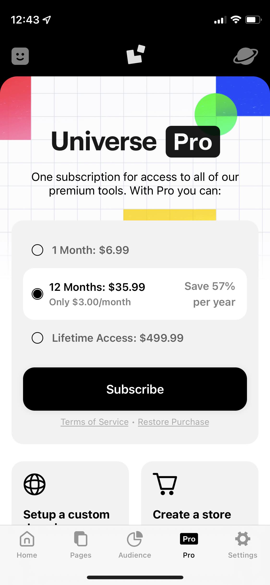Universe — Website Builder mobile app subscription paywall