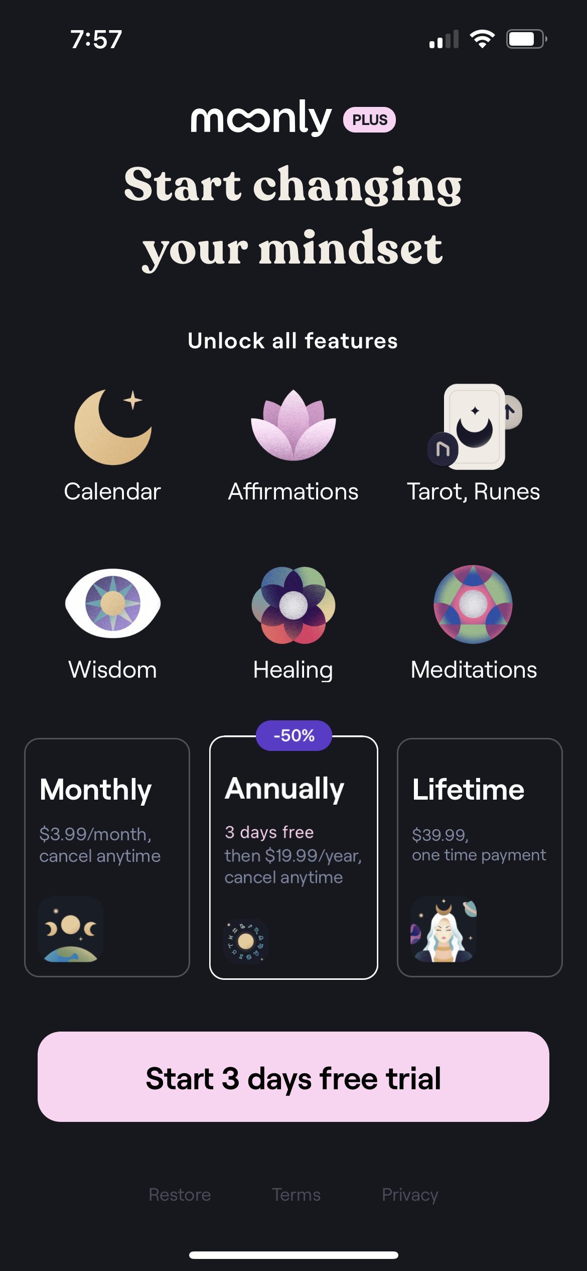 Moonly App — The Moon Calendar mobile app subscription paywall
