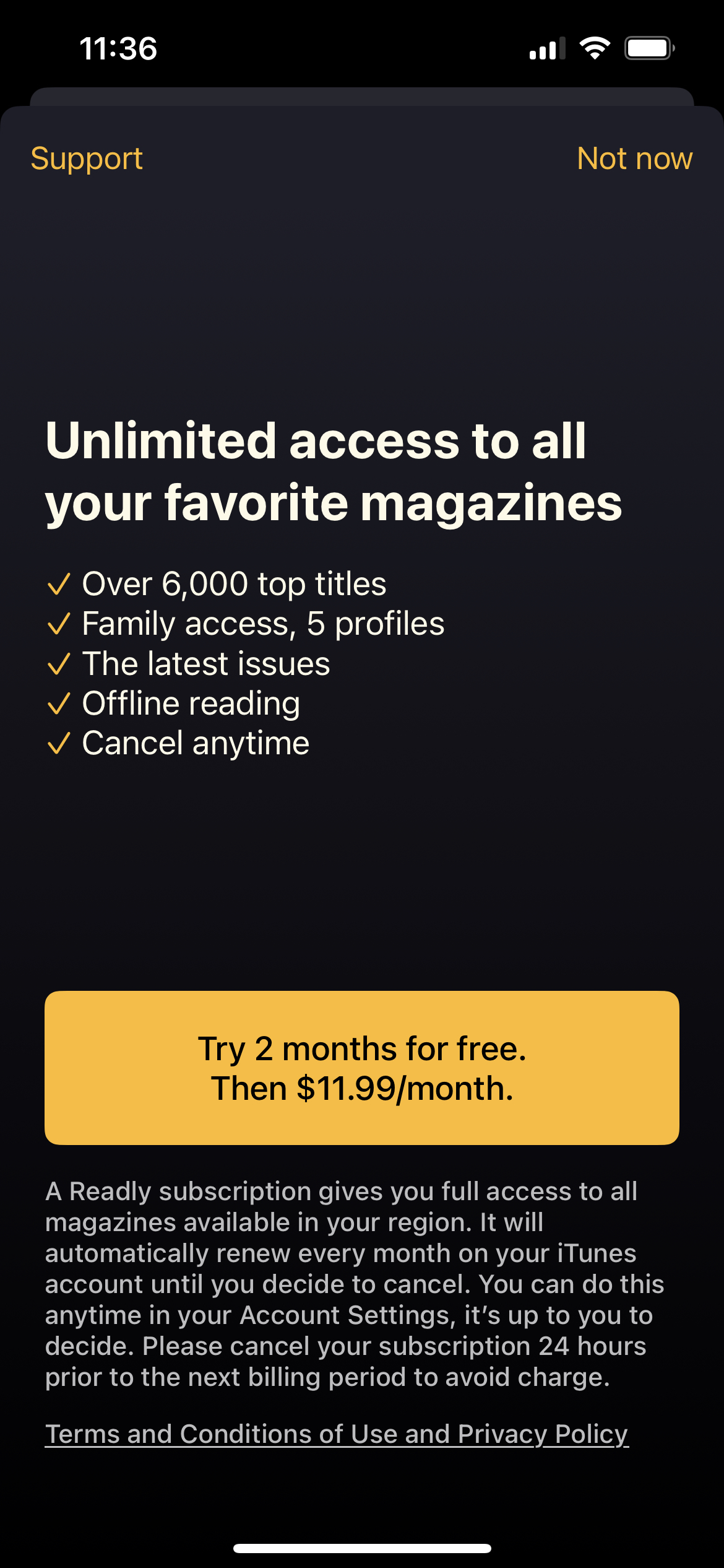 Readly Unlimited Magazines mobile app subscription paywall
