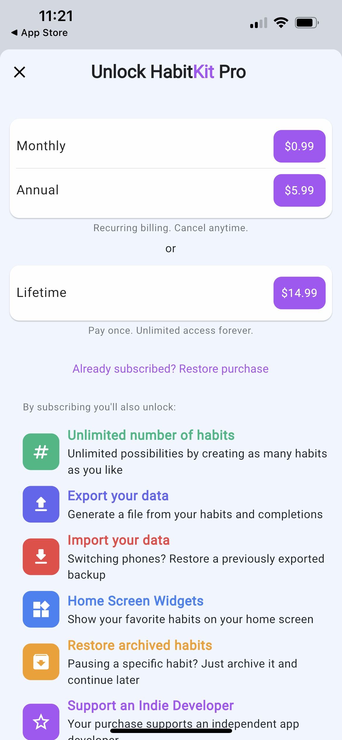 Habit Tracker HabitKit mobile app subscription paywall