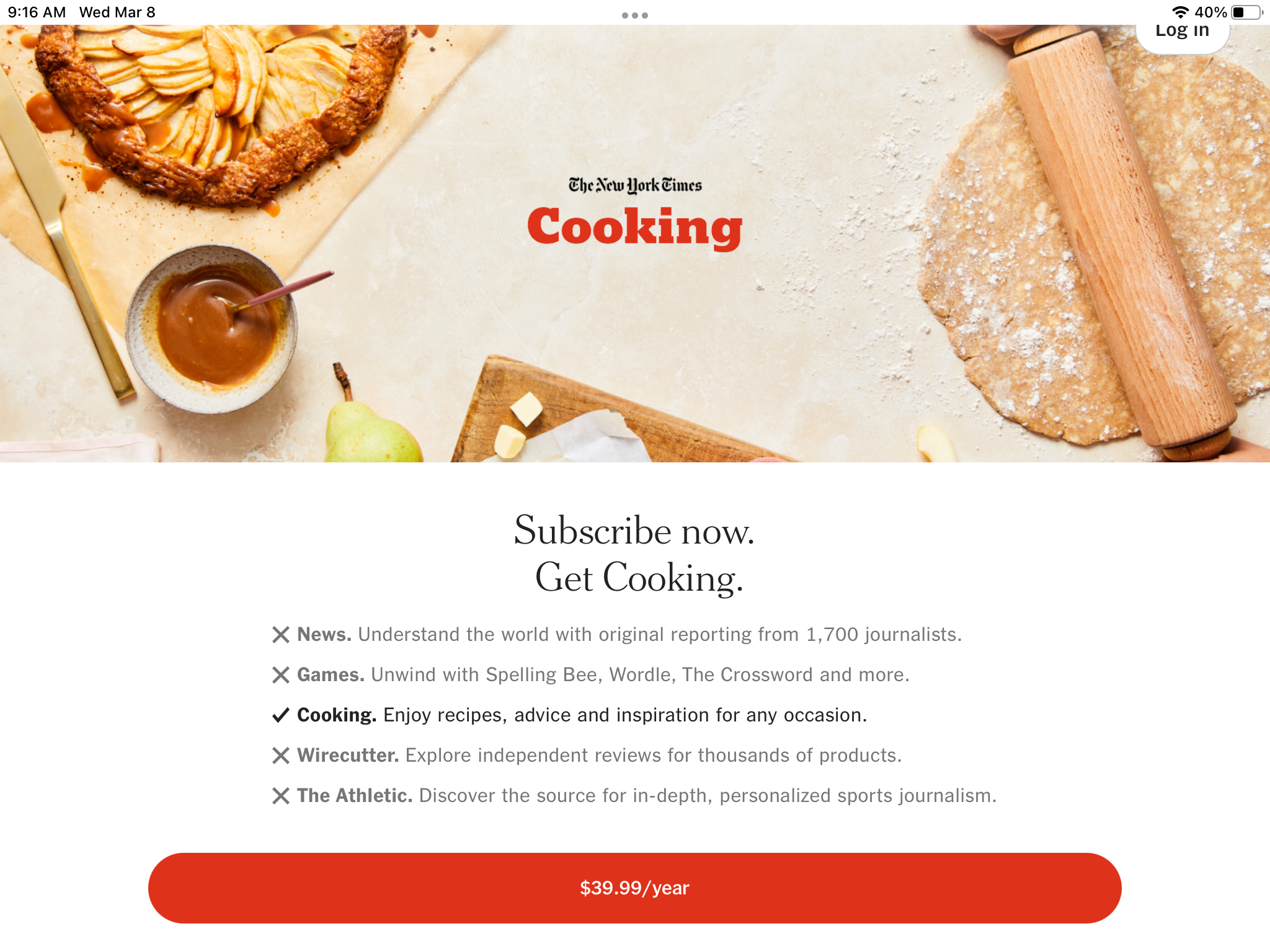 NYT Cooking iPad mobile app subscription paywall