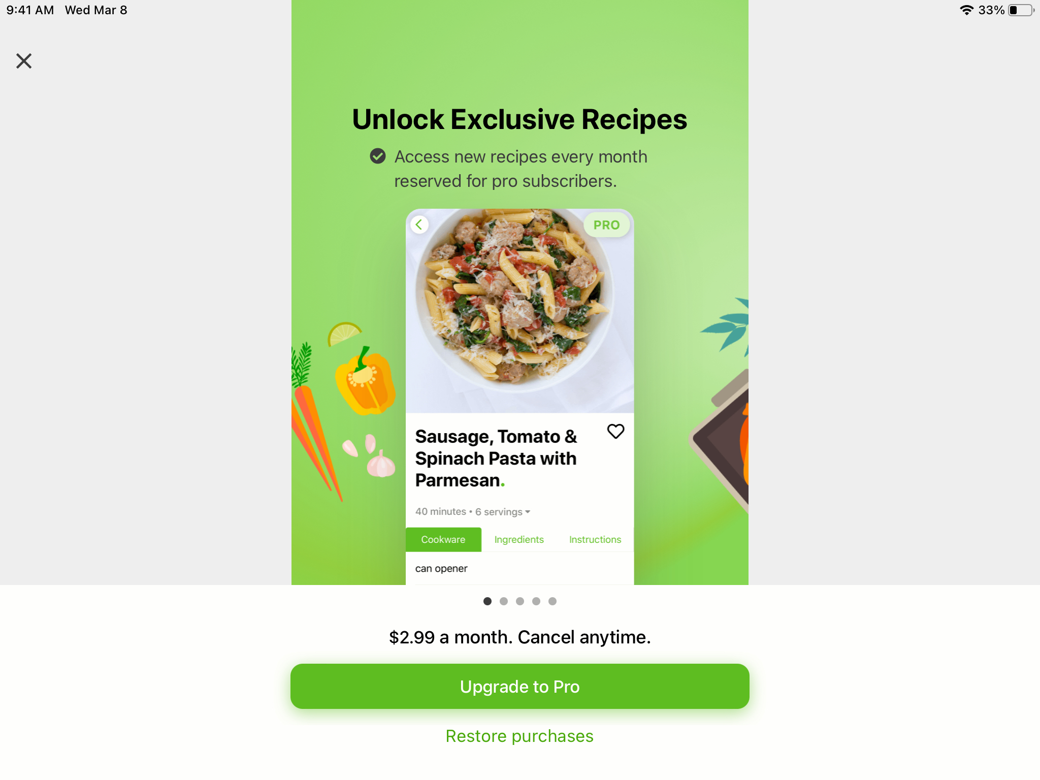 Mealime Meal Plans & Recipes iPad mobile app subscription paywall