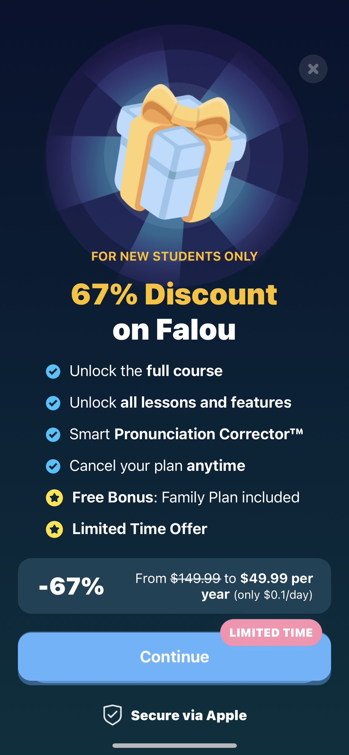Falou - Fast language learning mobile app special offer paywall