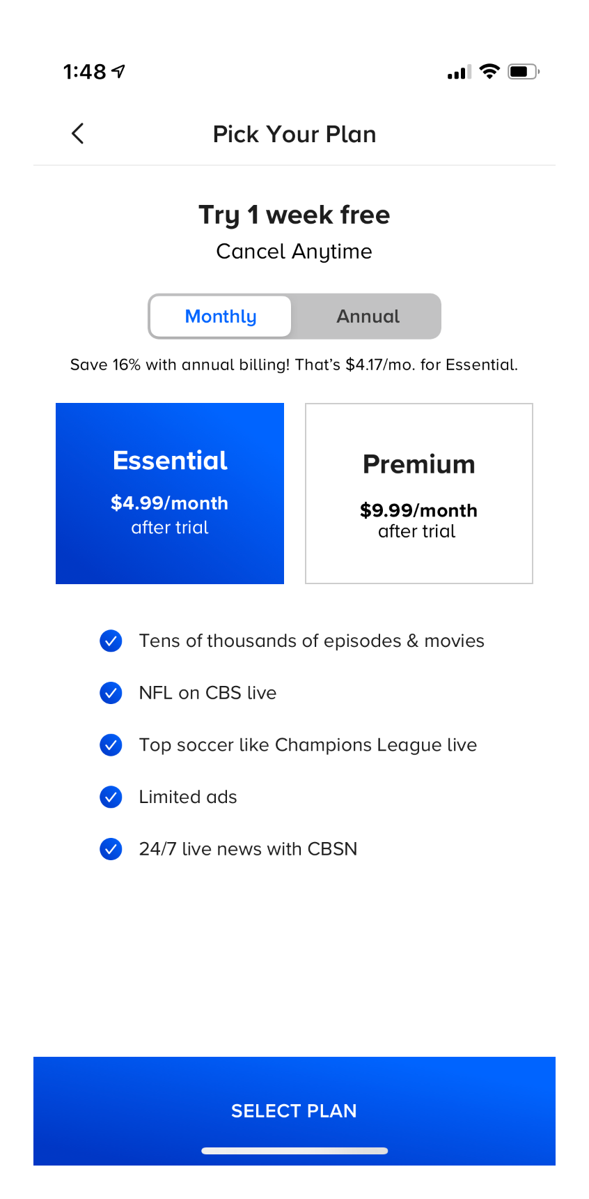 Paramount+ mobile app subscription paywall